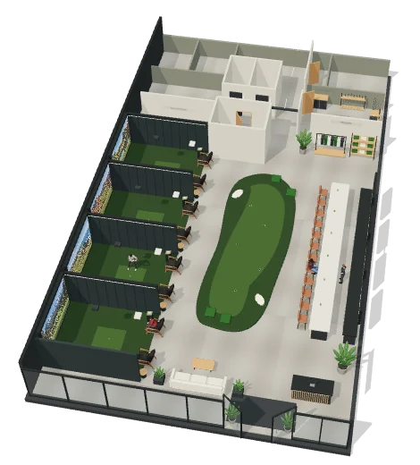 Roof-cutaway concept showing four simulator bays on the left, a central putting green, the bar on the right, and the rear hallway.