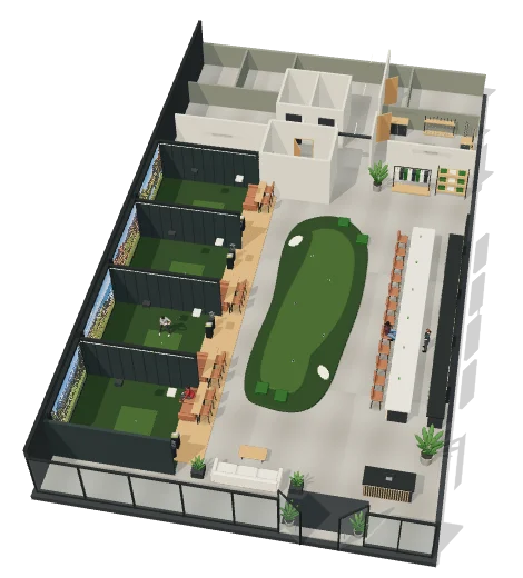 Roof-cutaway concept showing four simulator bays on the left, a central putting green, the bar on the right, and the rear hallway.